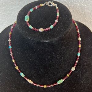 Ruby, turquoise & silver necklace & bracelet set